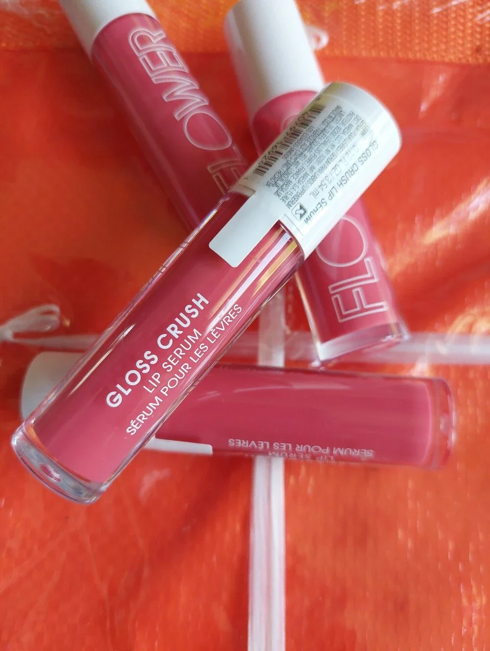 New 4 Pcs FLOWER LIP Gloss Lip Balm Fuchsia Crush Drew Barrymore Serum